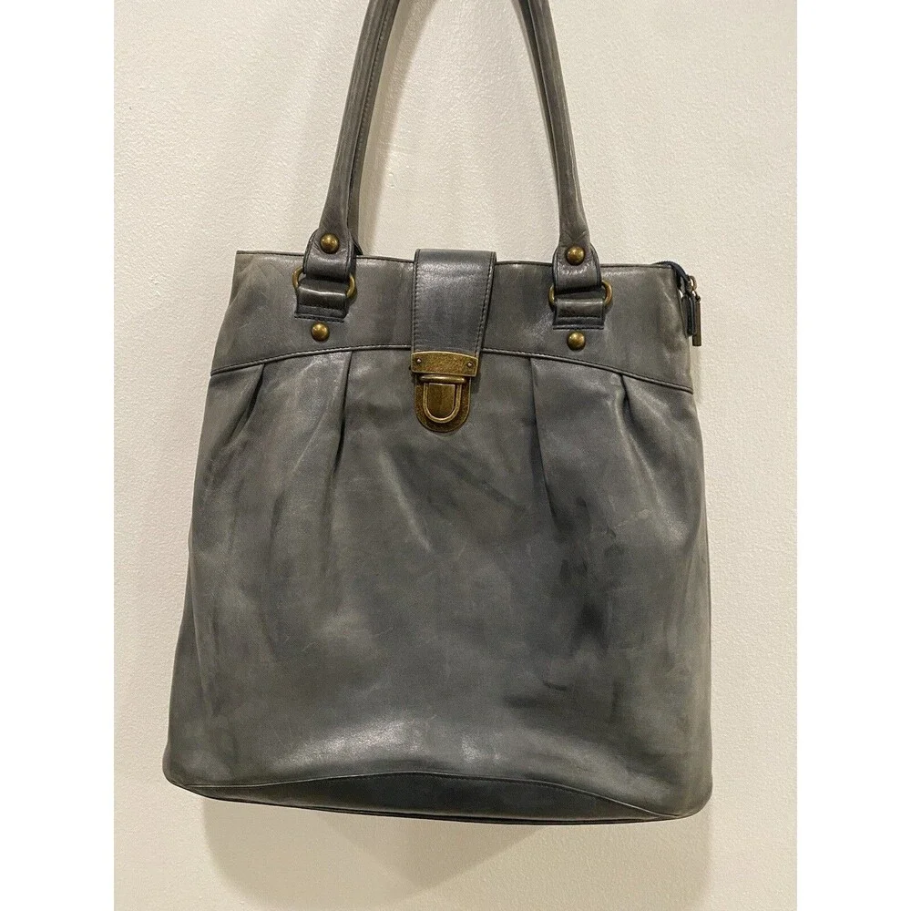 Hobo International Tote Bag Large Gray Leather Shoulder Carry All buckle Closure